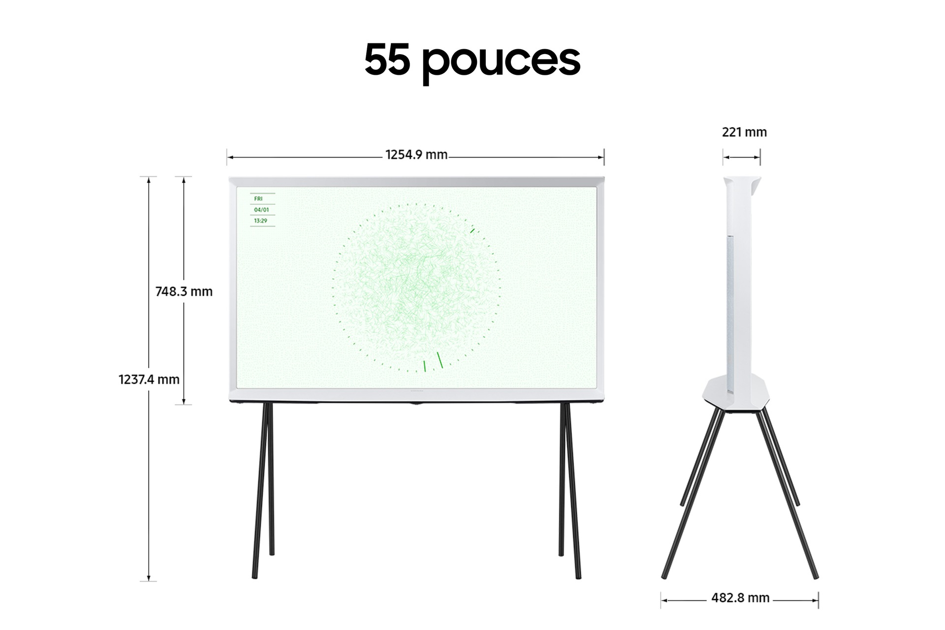 Biały telewizor ze stojakiem. Wymiary są pokazane. Zielone i białe abstrakcyjne tło.
