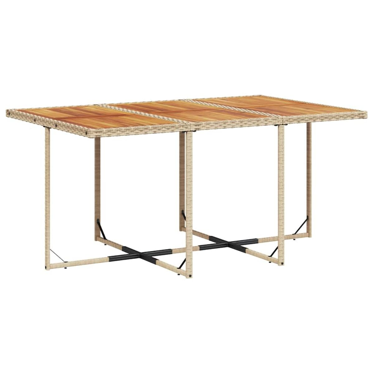 Esstisch aus Holz für den Außenbereich mit Korbflechtseiten und Metallbeinen, von der Seite gesehen.