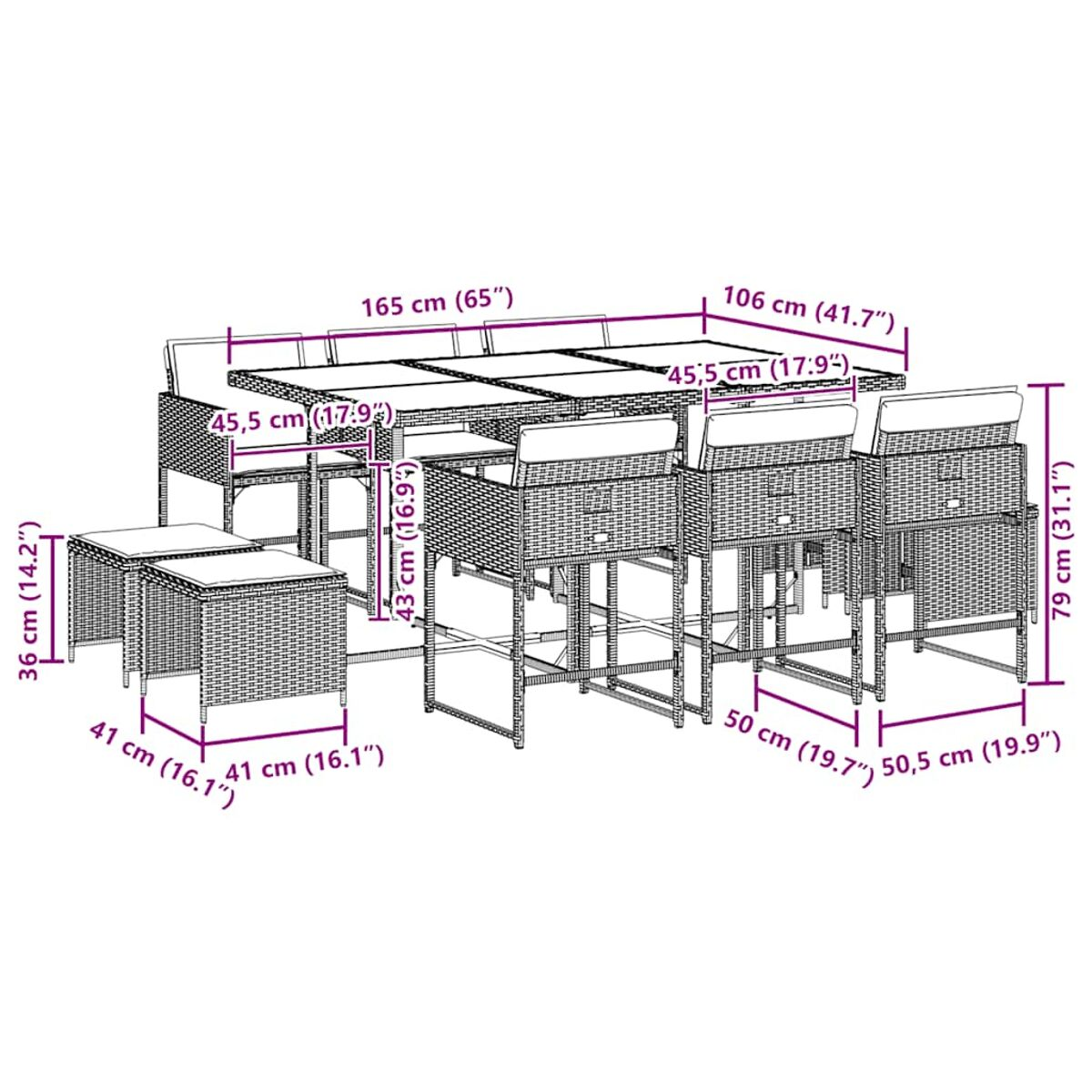 Eine Essgruppe aus Korbgeflecht mit Stühlen und Hockern steht vor einem weißen Hintergrund und zeigt ihr Design und ihre Abmessungen.