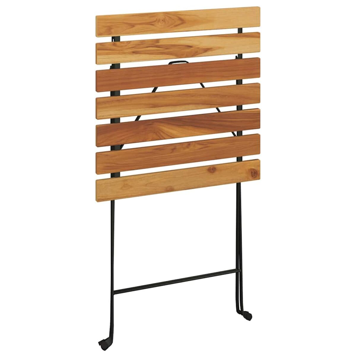Ein klappbarer Holztisch mit schwarzen Beinen, der die Struktur des Tisches zeigt.