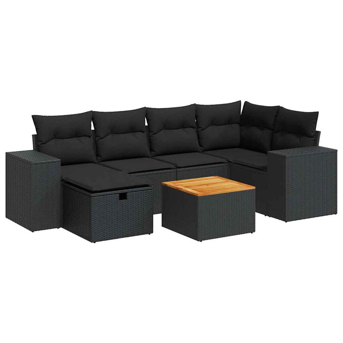 Un set di divani grigi scuri per esterni con un tavolo su un patio.
