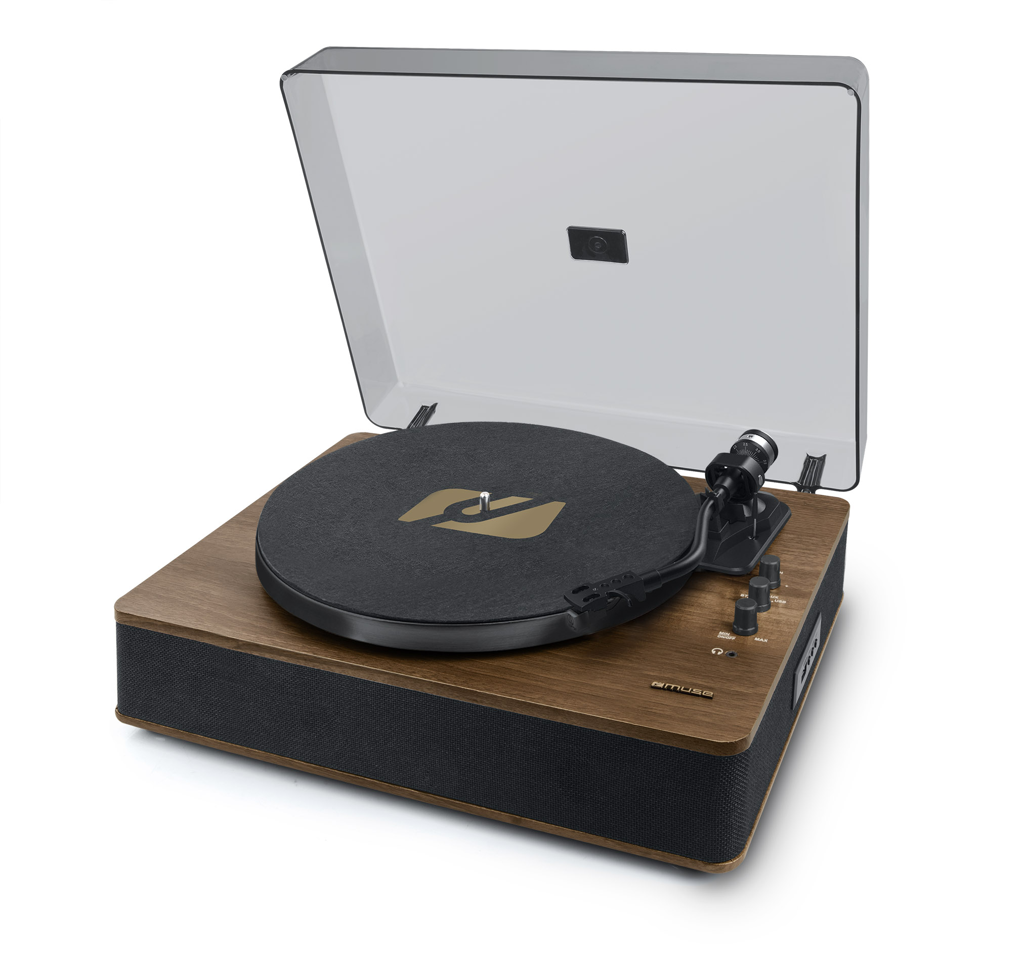 Un giradischi in legno con un disco nero, una copertura trasparente e un altoparlante nero.