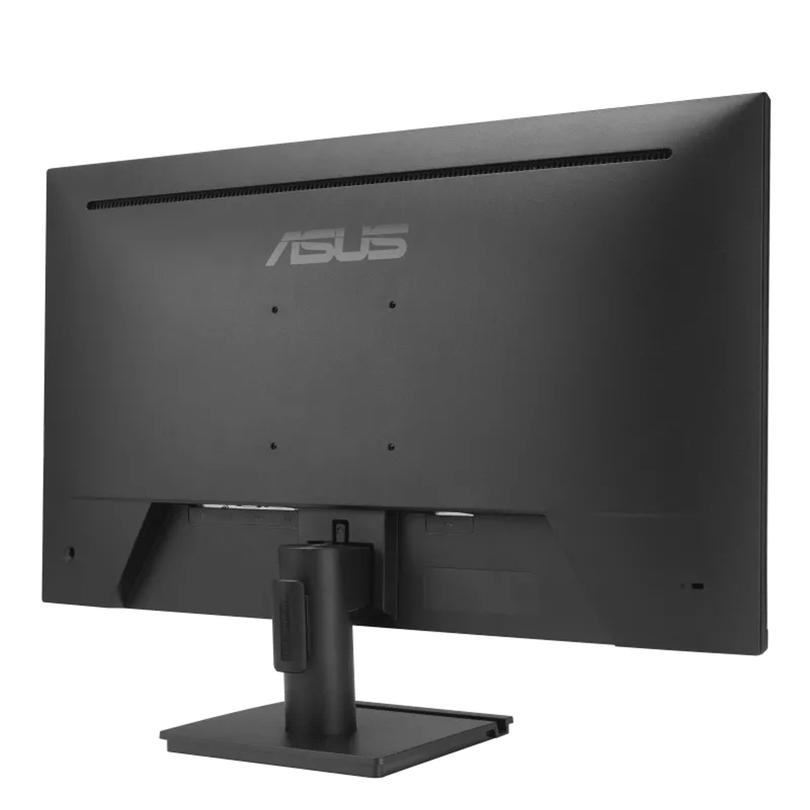 Tył czarnego monitora, z logo ASUS i podstawą.