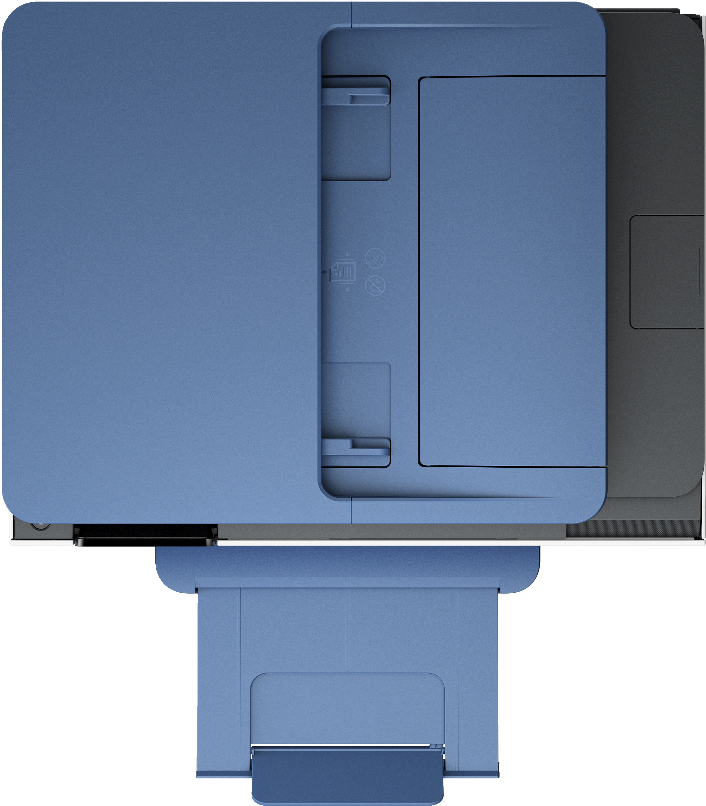 Niebieska drukarka z góry z widocznymi sekcjami wejścia i wyjścia papieru.
