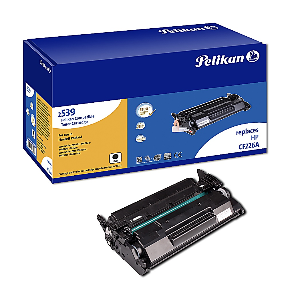 Cartuccia toner compatibile Pelikan in una scatola, accanto alla cartuccia toner stessa.