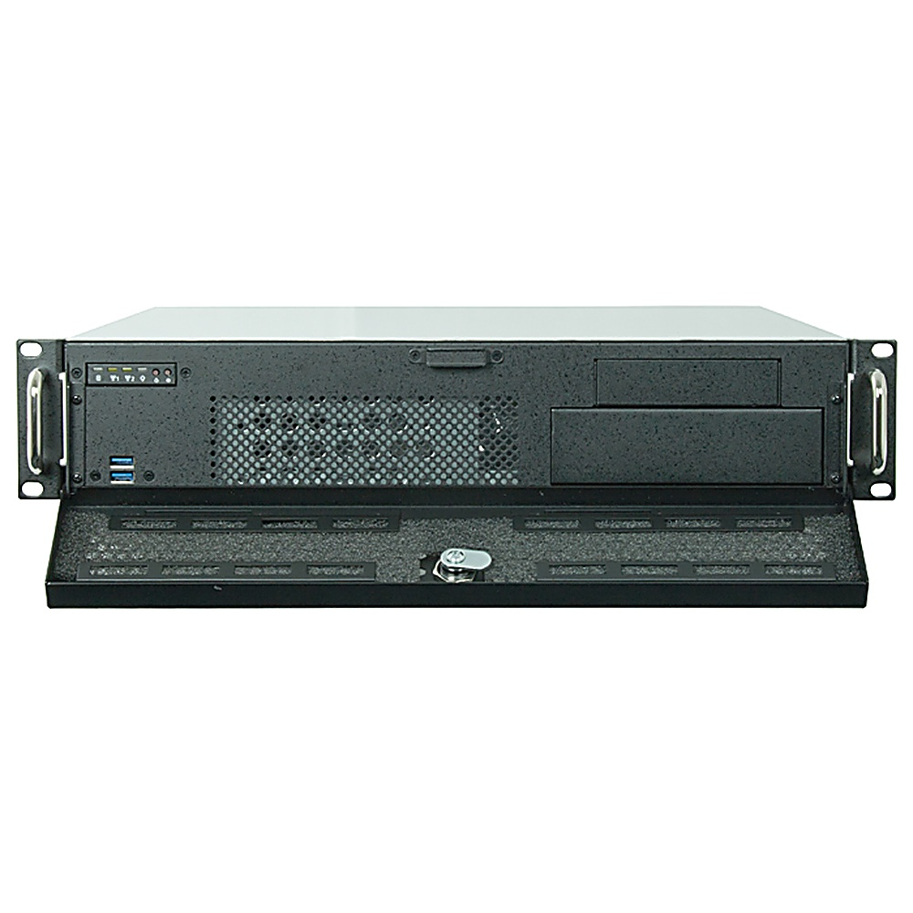 Case server nero, frontale aperto, che mostra i dettagli su sfondo bianco.