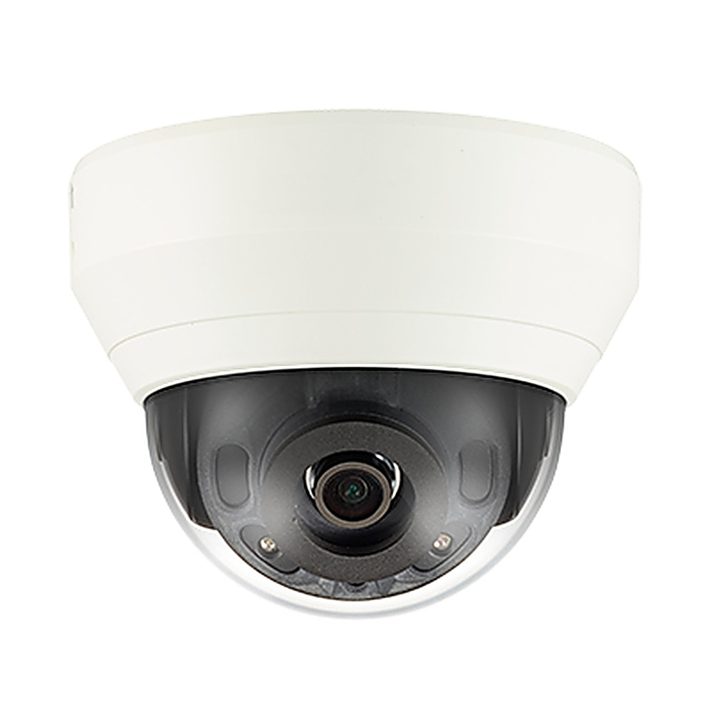 Biała kamera bezpieczeństwa w kształcie kopuły.