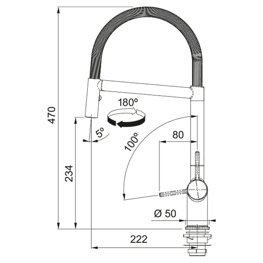 Disegno tecnico di un rubinetto con misure e angoli.
