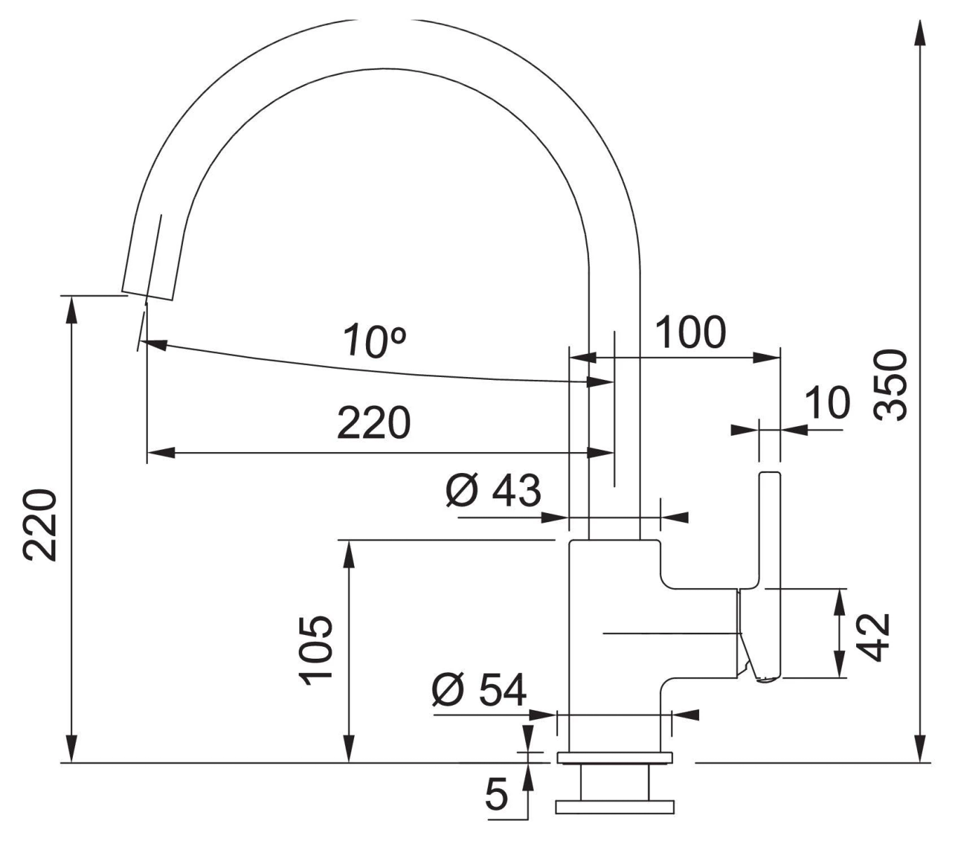 Disegno tecnico di un rubinetto da cucina con dimensioni. Linee e numeri indicano le misure in mm.