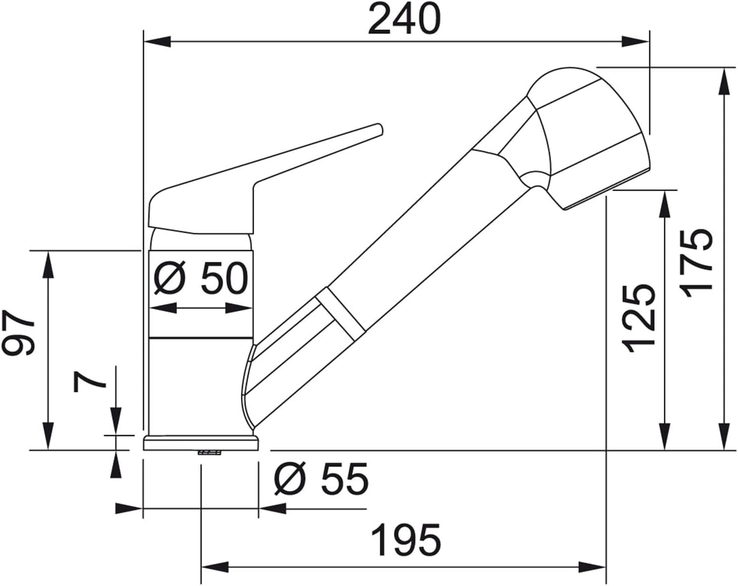 Disegno tecnico di un rubinetto con misure.