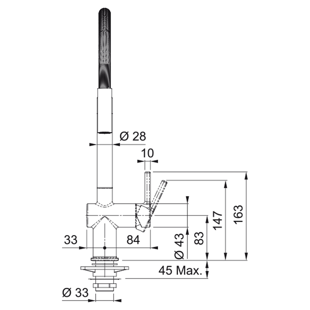 Disegno tecnico di un rubinetto con misure.