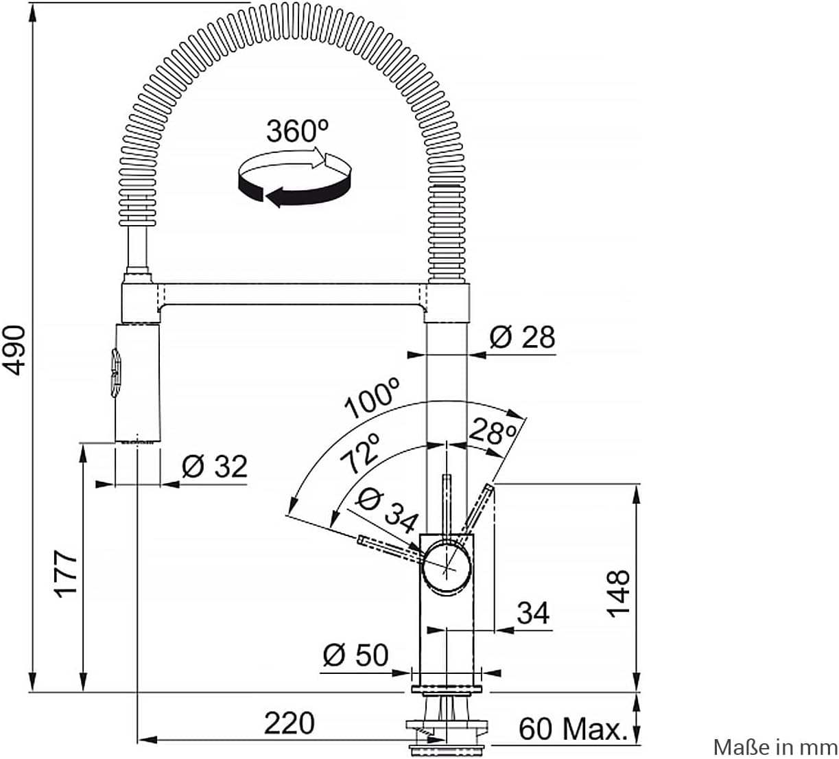Disegno tecnico di un rubinetto con misure e angoli.