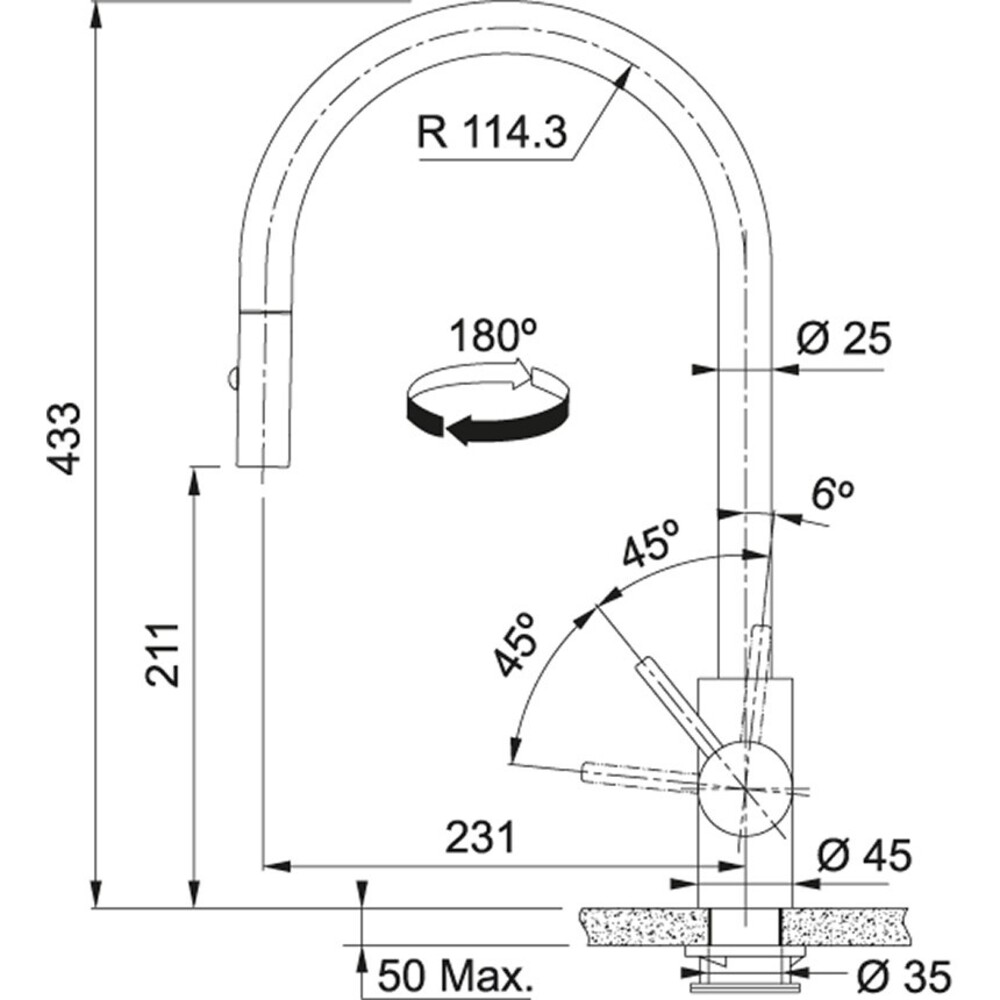 Diagramma di un rubinetto da cucina. Mostra dimensioni, angoli e misure in mm.