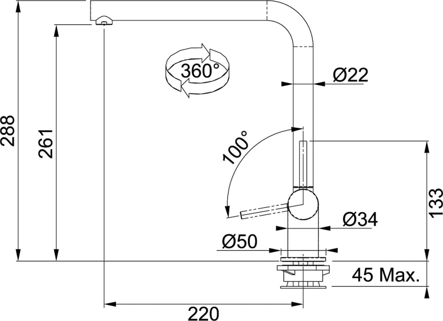 Disegno tecnico di un rubinetto con misure e angoli.