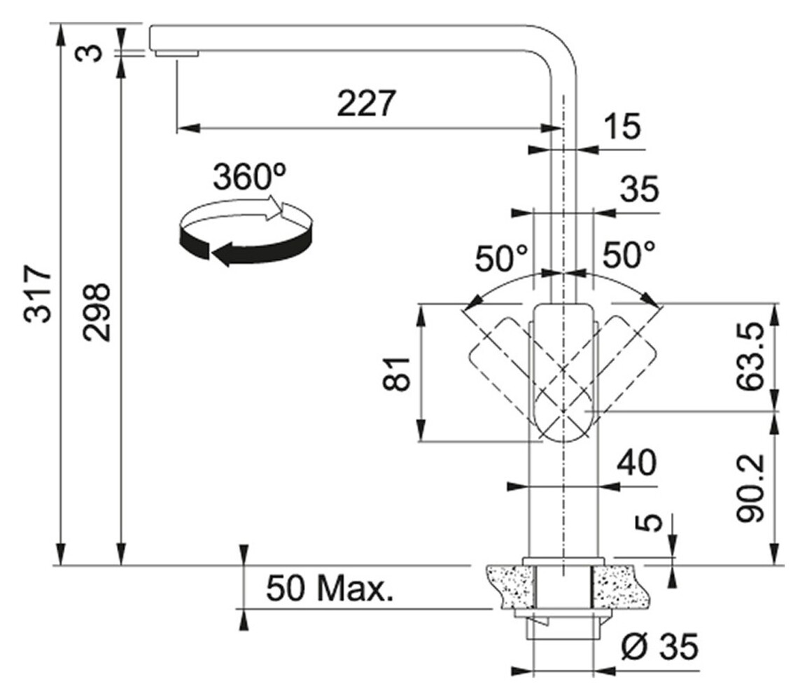 Diagramma che mostra le dimensioni del rubinetto del lavello: 130 mm di altezza, rotazione di 360° e un diametro della base di 45 mm.
