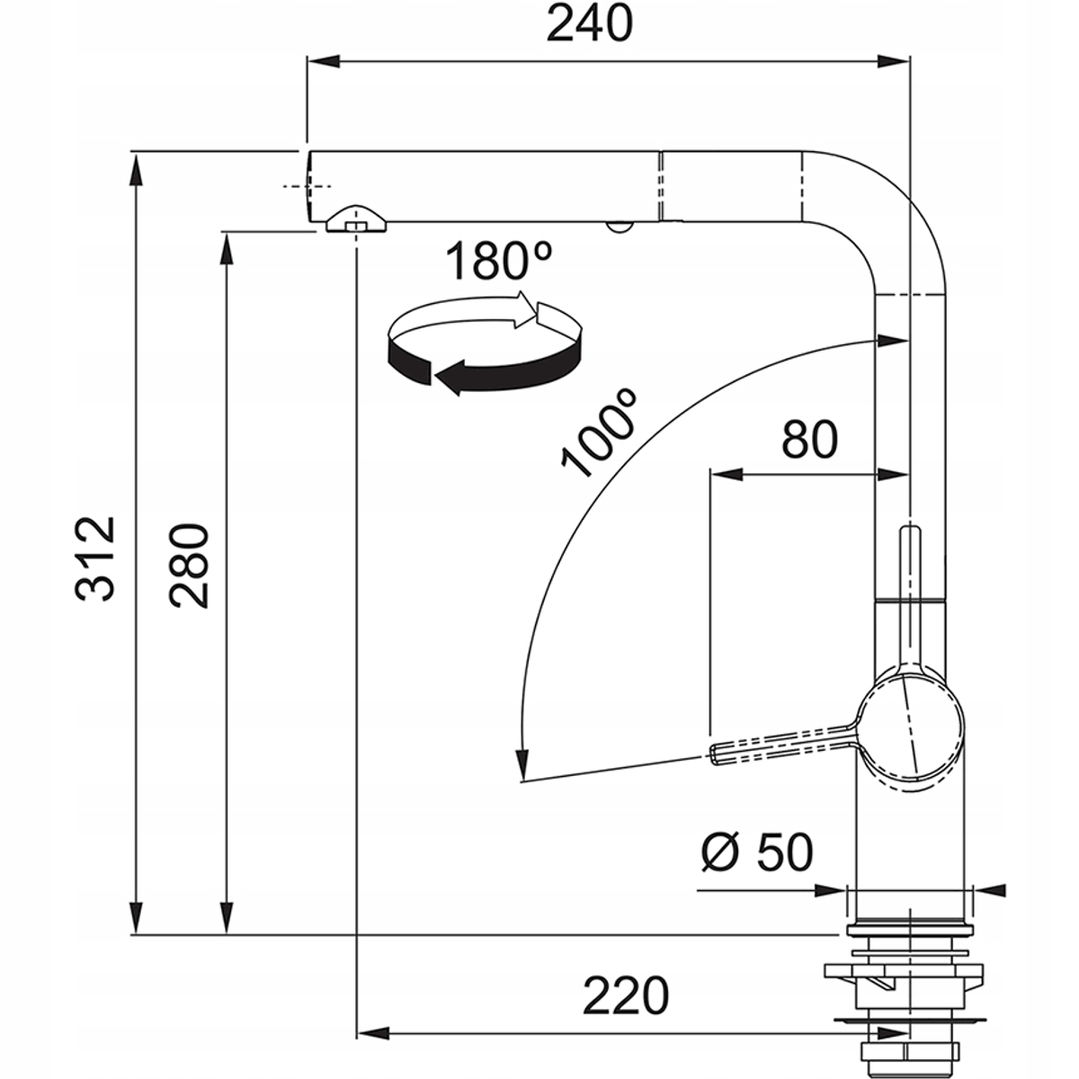 Disegno tecnico di un rubinetto da cucina, con dimensioni e angoli, su sfondo bianco.