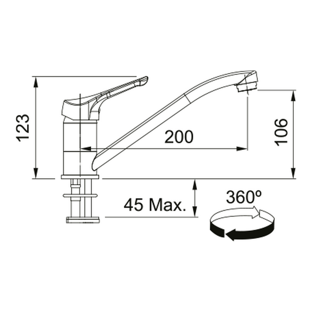 Disegno tecnico di un rubinetto da cucina con dimensioni e angoli.