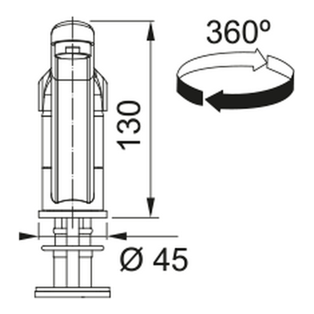 Diagramma che mostra le dimensioni del rubinetto del lavello: 130 mm di altezza, rotazione di 360° e un diametro della base di 45 mm.