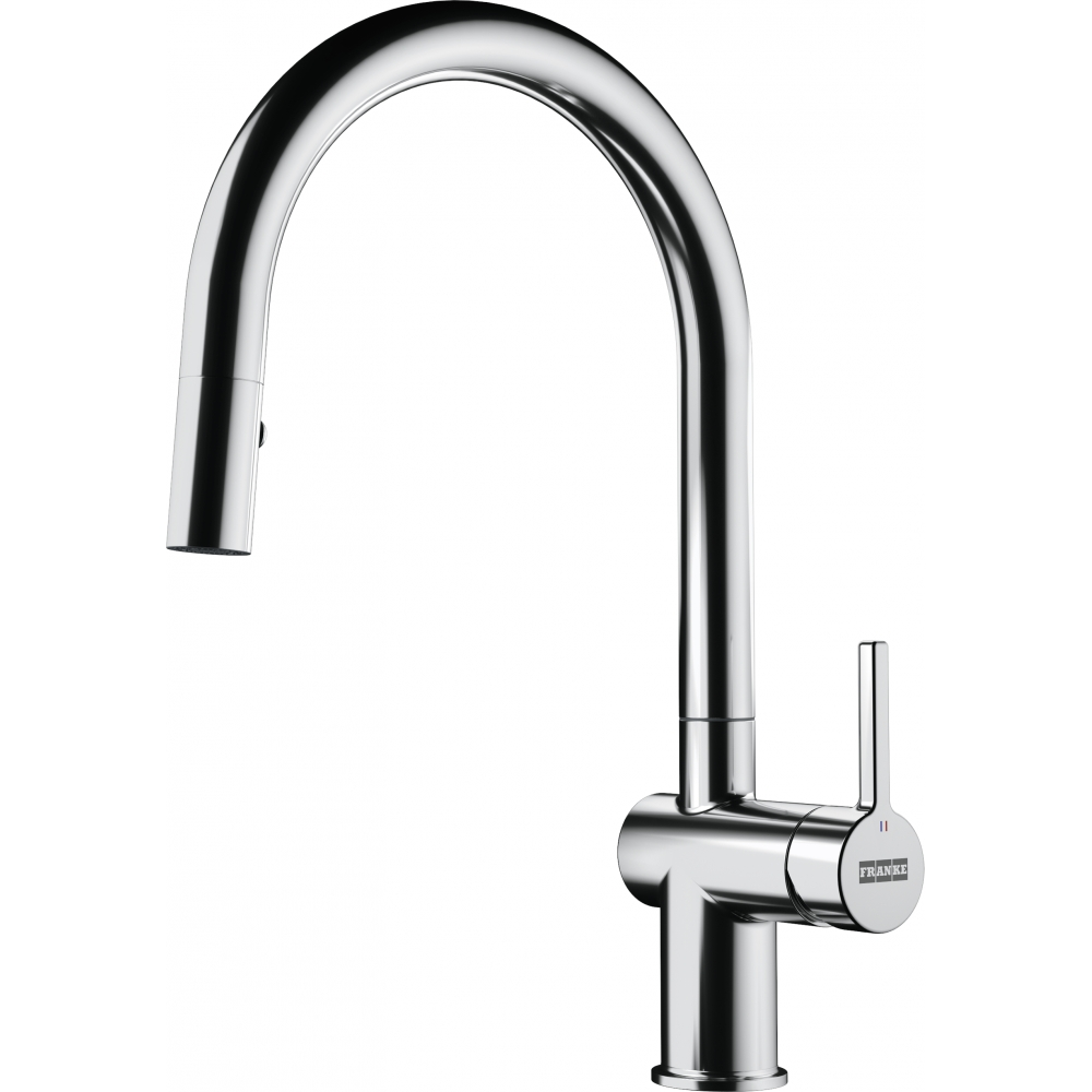 Un rubinetto da cucina cromato con un beccuccio curvo. Ha un design elegante e moderno ed è su uno sfondo bianco.