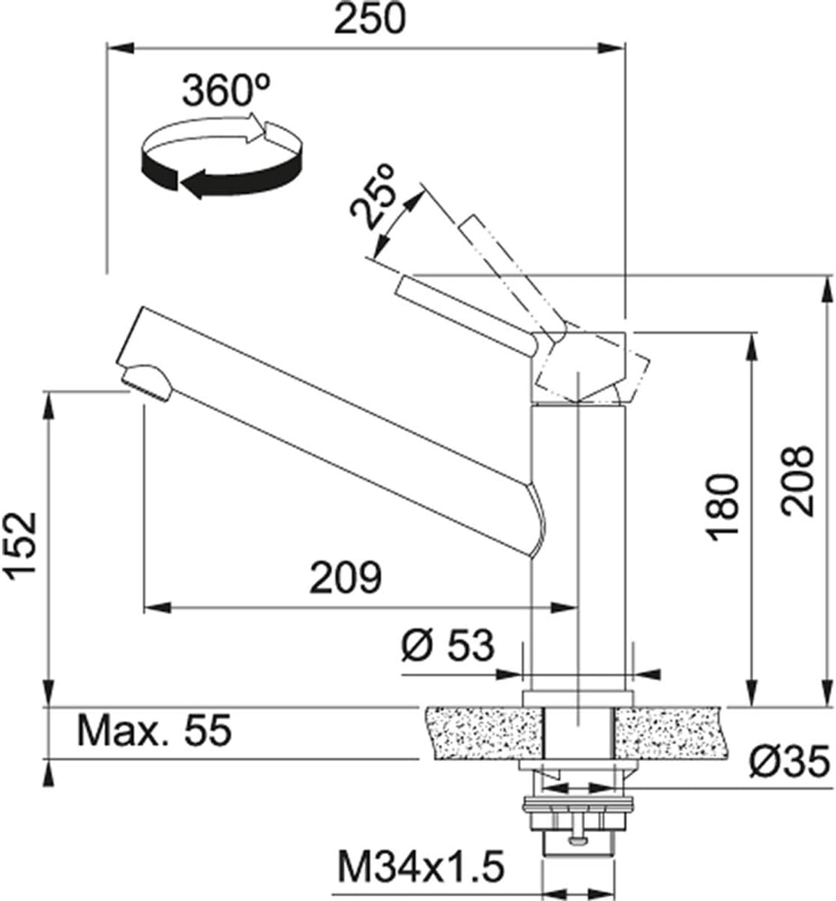 Disegno tecnico di un rubinetto da cucina, con dimensioni e angoli, su sfondo bianco.