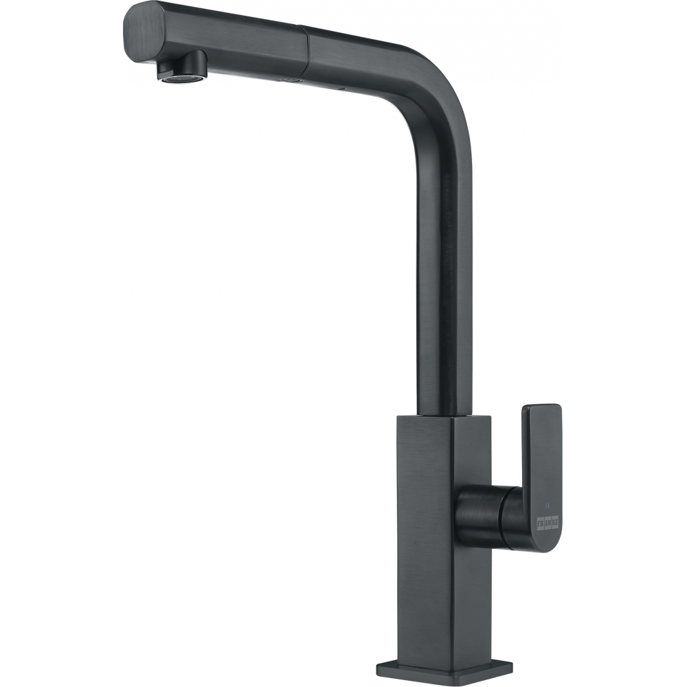 Un rubinetto da cucina nero con una forma e maniglia rettangolare. Il design è moderno e angolare.