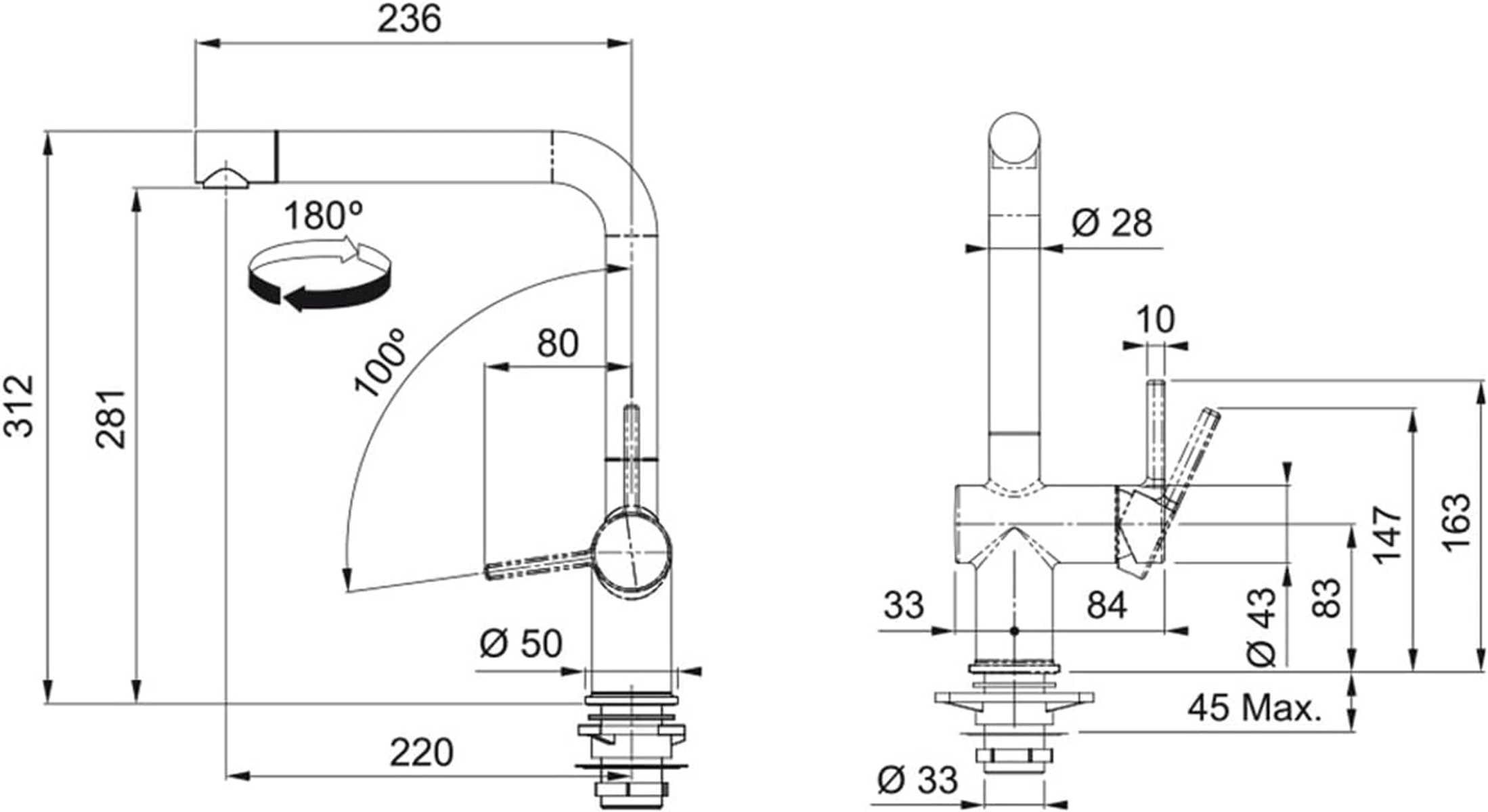 Disegno tecnico di un rubinetto da cucina, che mostra dimensioni e angoli.