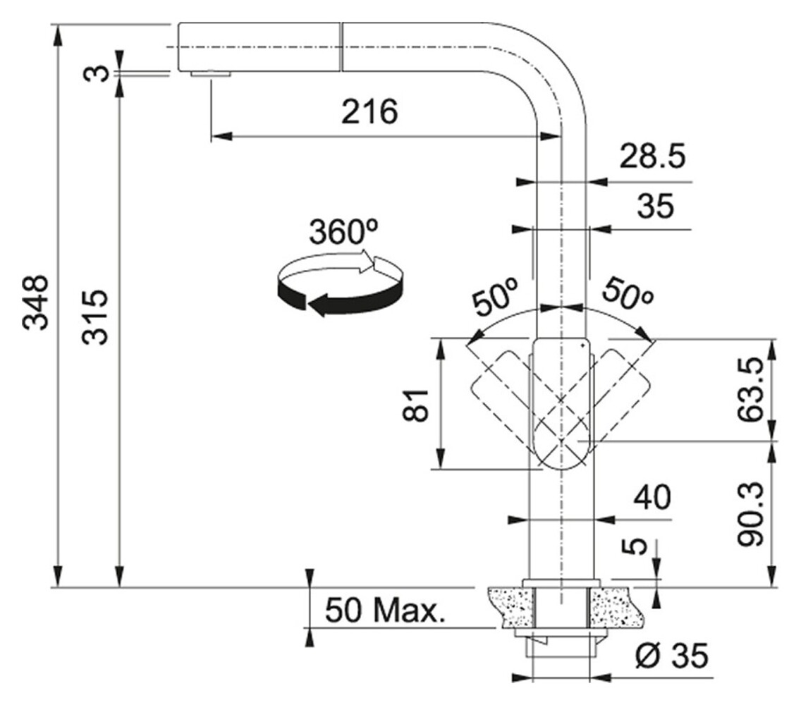 Diagramma di un rubinetto con dimensioni e una freccia rotante a 360 gradi.