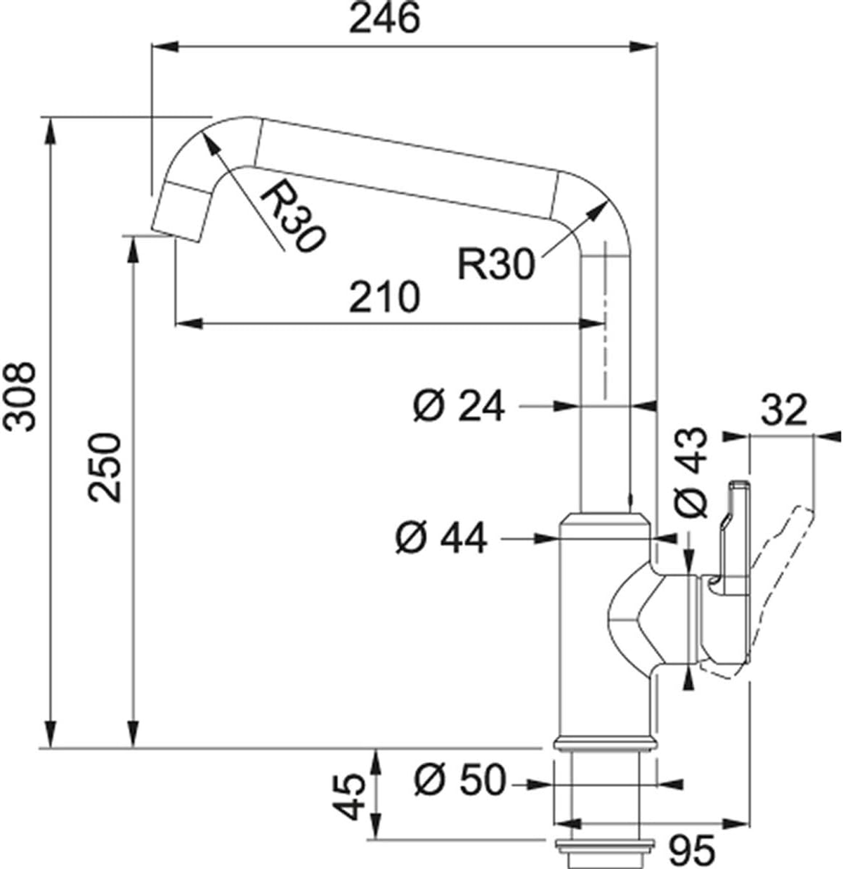 Disegno tecnico di un rubinetto da cucina con dimensioni e misure in millimetri.