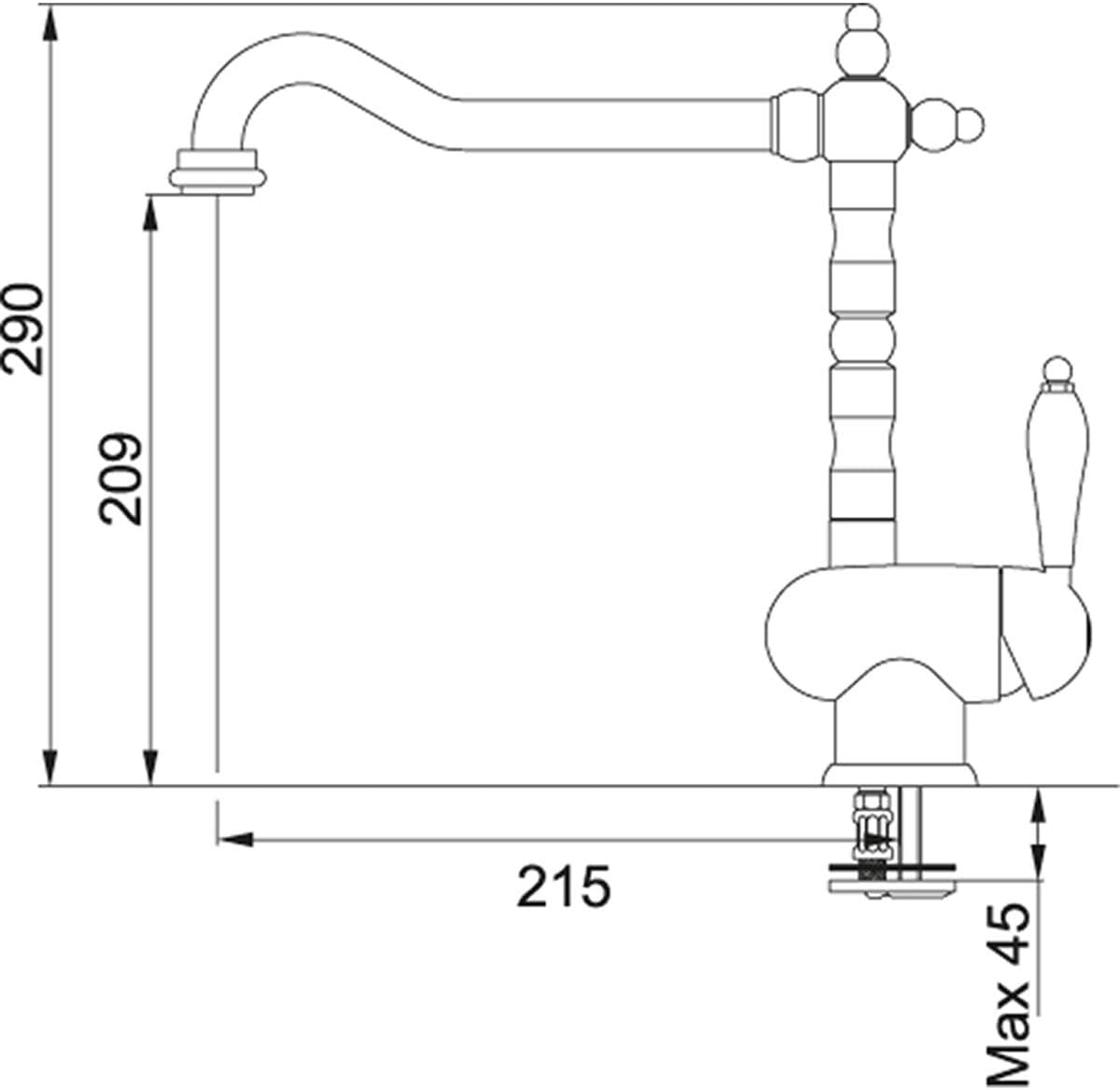Disegno tecnico di un rubinetto da cucina, che mostra le dimensioni in millimetri.