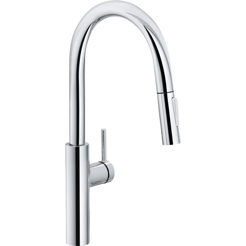 Rubinetto da cucina cromato con arco alto e doccetta estraibile.