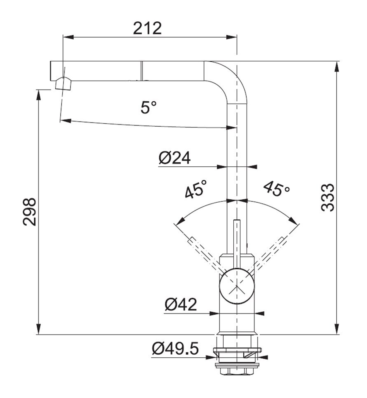 Disegno tecnico di un rubinetto da cucina con dimensioni, angoli e misure.