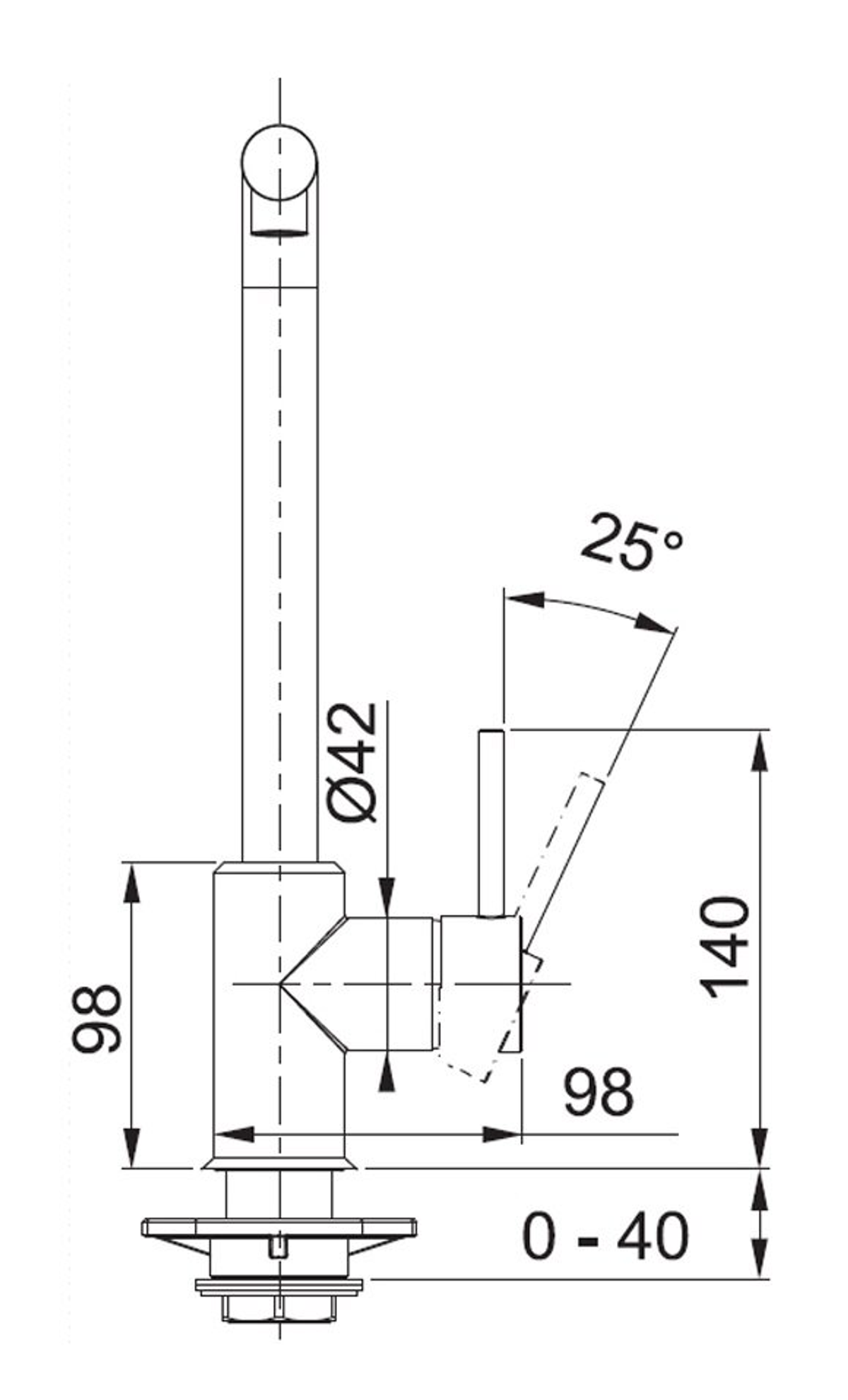 Disegno tecnico di un rubinetto. Mostra dimensioni e angoli. Vista dall'alto.