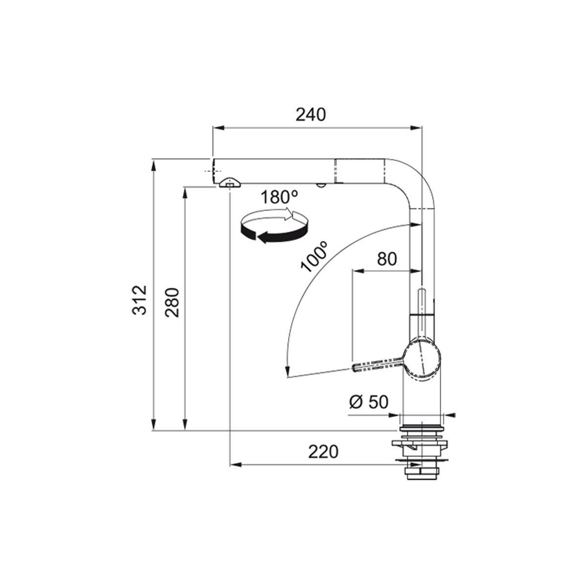 Disegno tecnico di un rubinetto con dimensioni e angoli indicati.