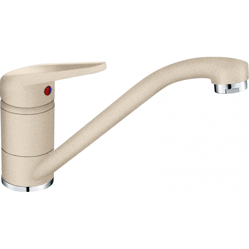 Rubinetto da cucina beige con beccuccio curvo. Punto rosso e blu sulla maniglia.