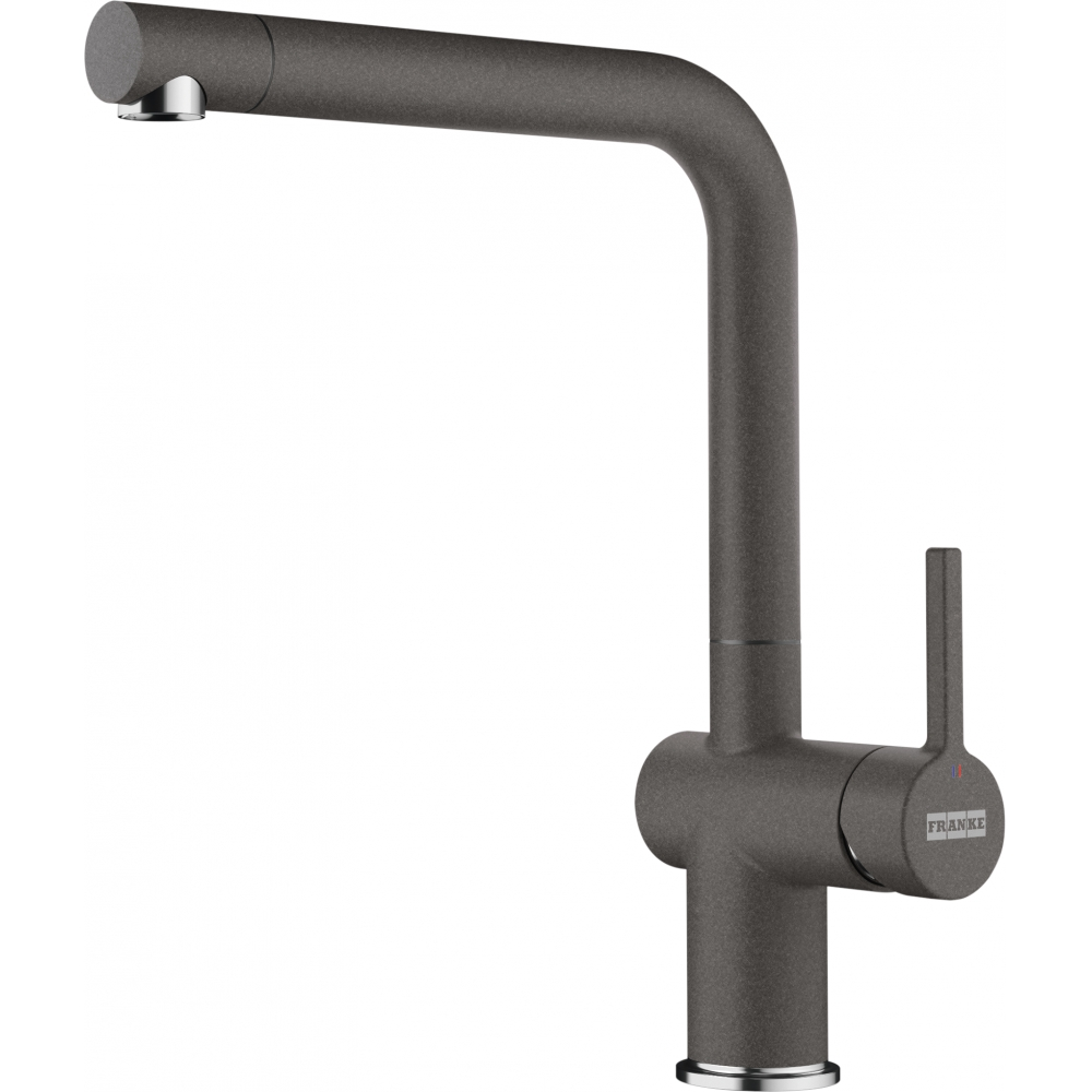 Un rubinetto da cucina grigio. Il rubinetto ha un beccuccio curvo e un design moderno e minimalista.