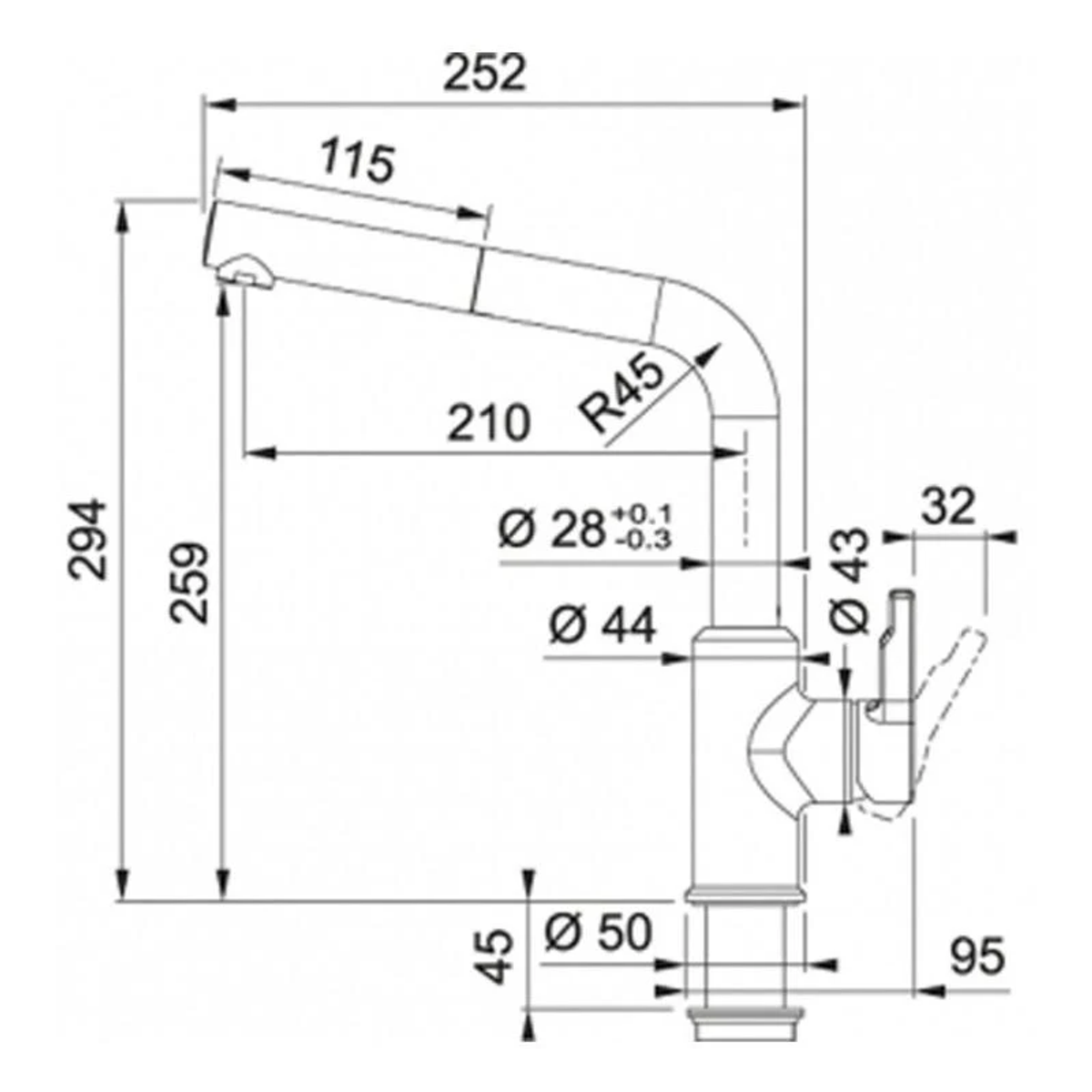 Disegno tecnico di un rubinetto da cucina, che mostra dimensioni e dettagli.