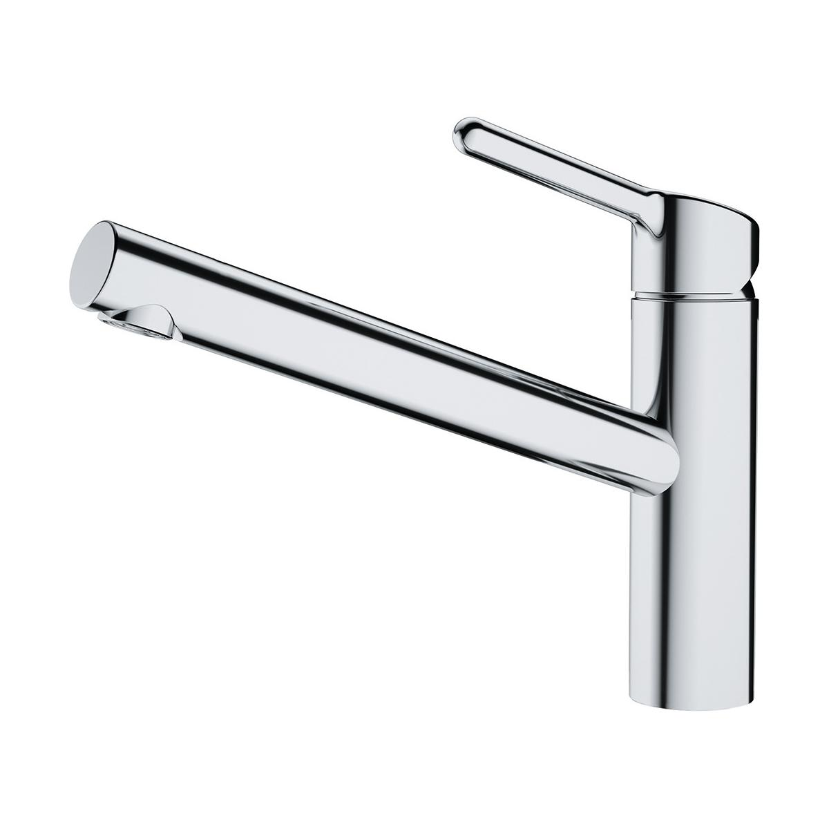 Rubinetto cromato lucido. Ha un design elegante con un lungo beccuccio e maniglia a leva.