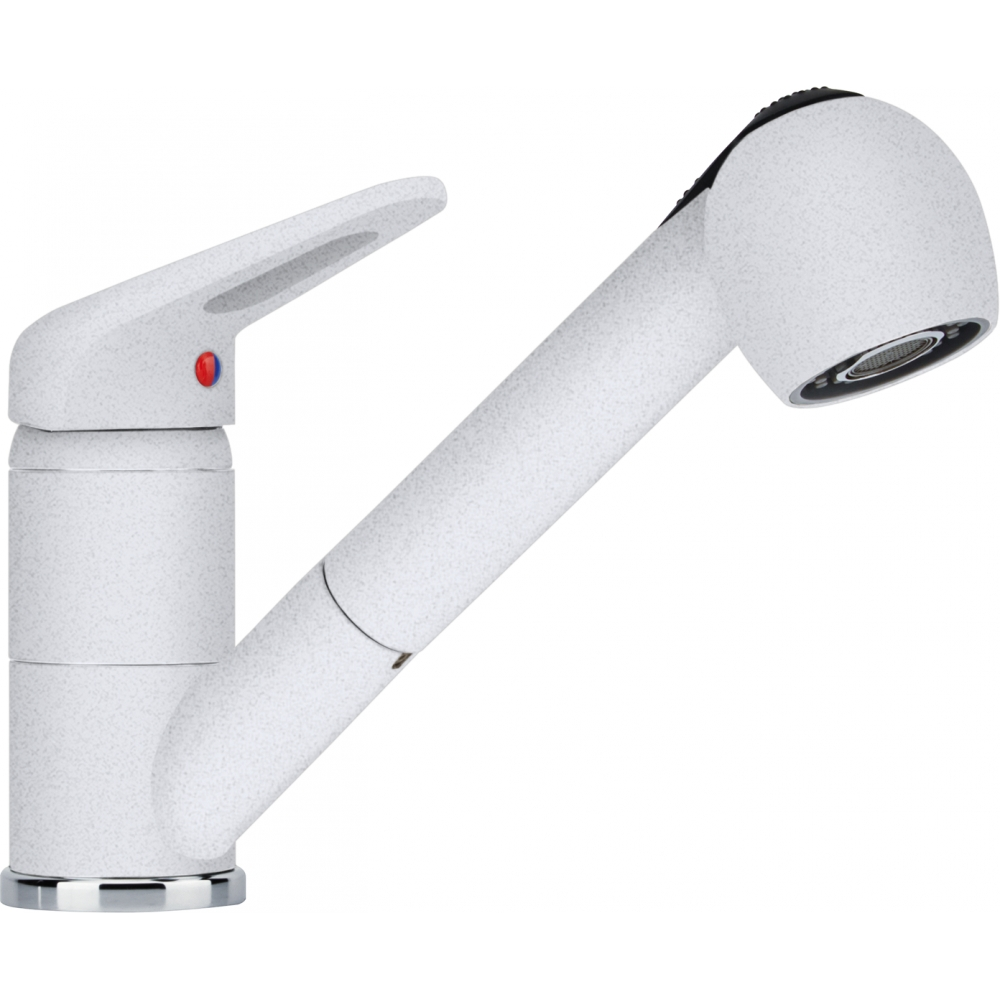 Rubinetto da cucina bianco maculato con doccetta estraibile. Sfondo bianco.