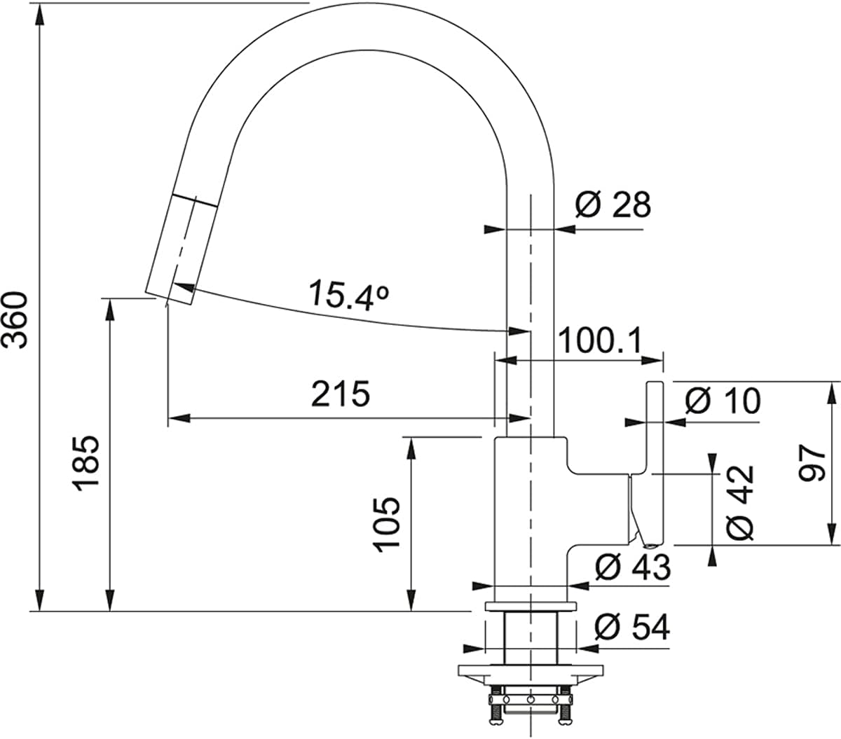 Disegno tecnico di un rubinetto con dimensioni e angoli indicati.