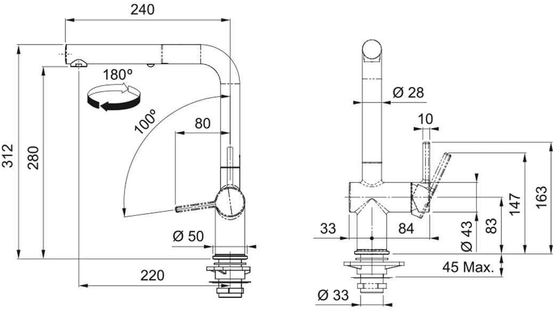Disegni tecnici di un rubinetto da cucina, con dimensioni e misure.