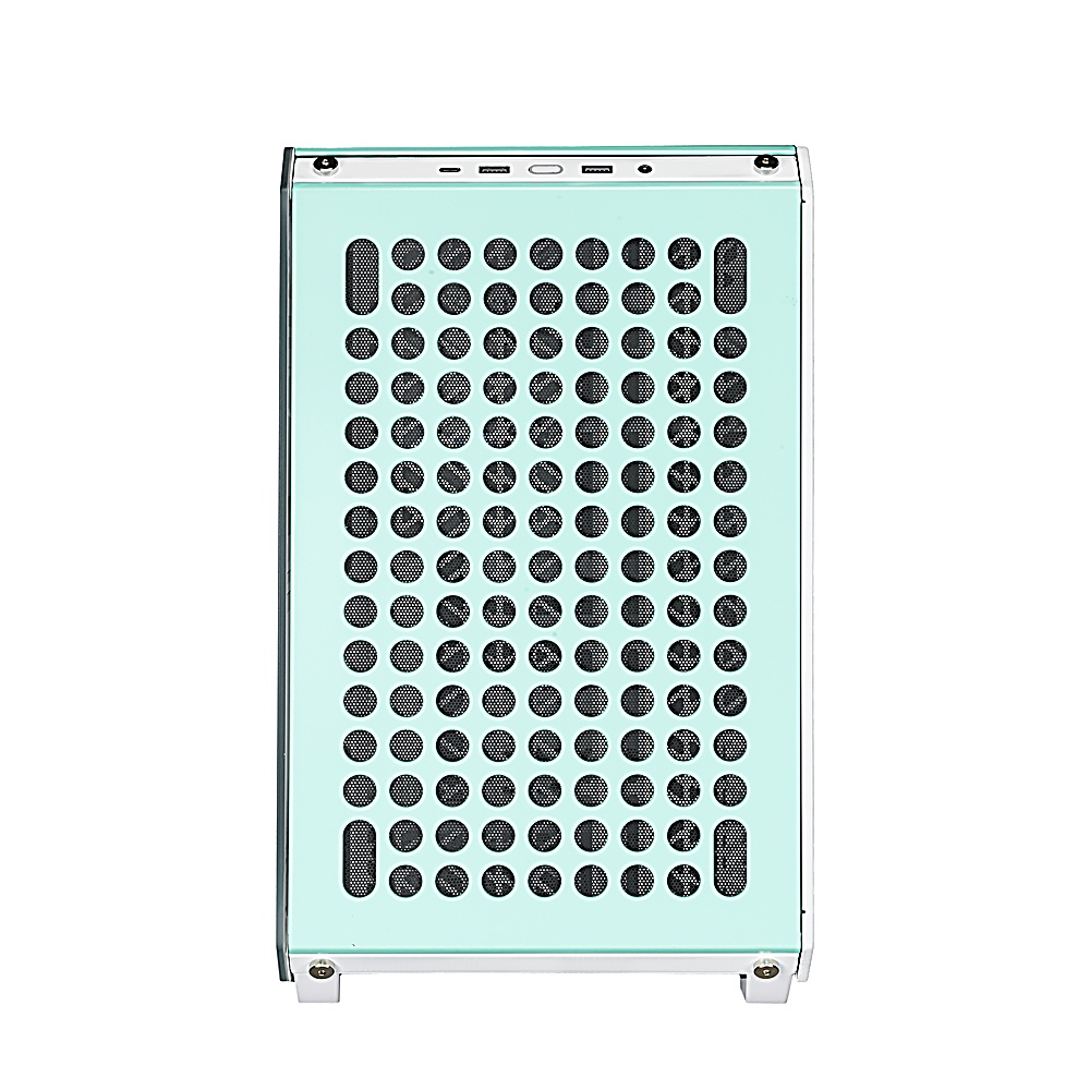 Case per computer verde menta con fori. Il case è su sfondo bianco e ha un pannello laterale trasparente.