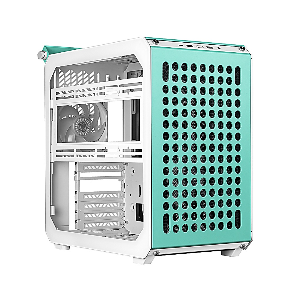 Case per computer, telaio bianco con pannelli verde acqua, con ventola e lato trasparente.