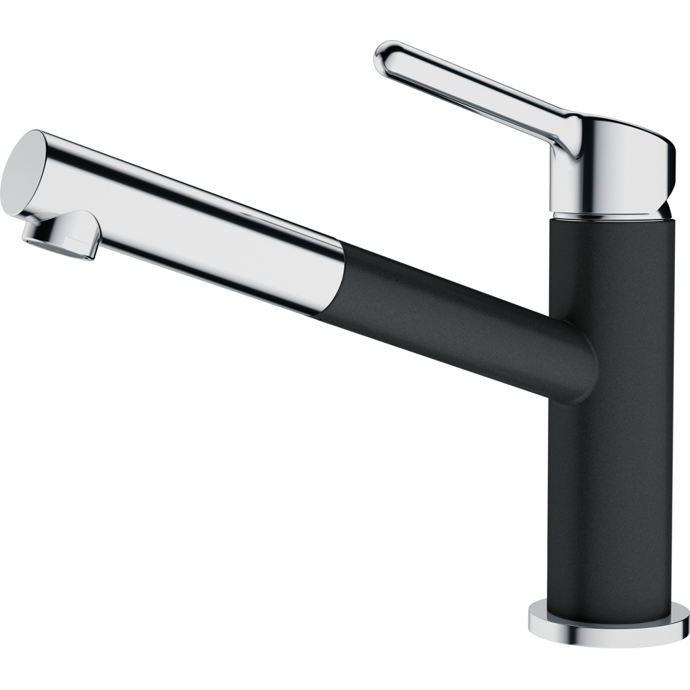 Rubinetto nero e cromato. Ha un beccuccio curvo e maniglia a leva. Design moderno.