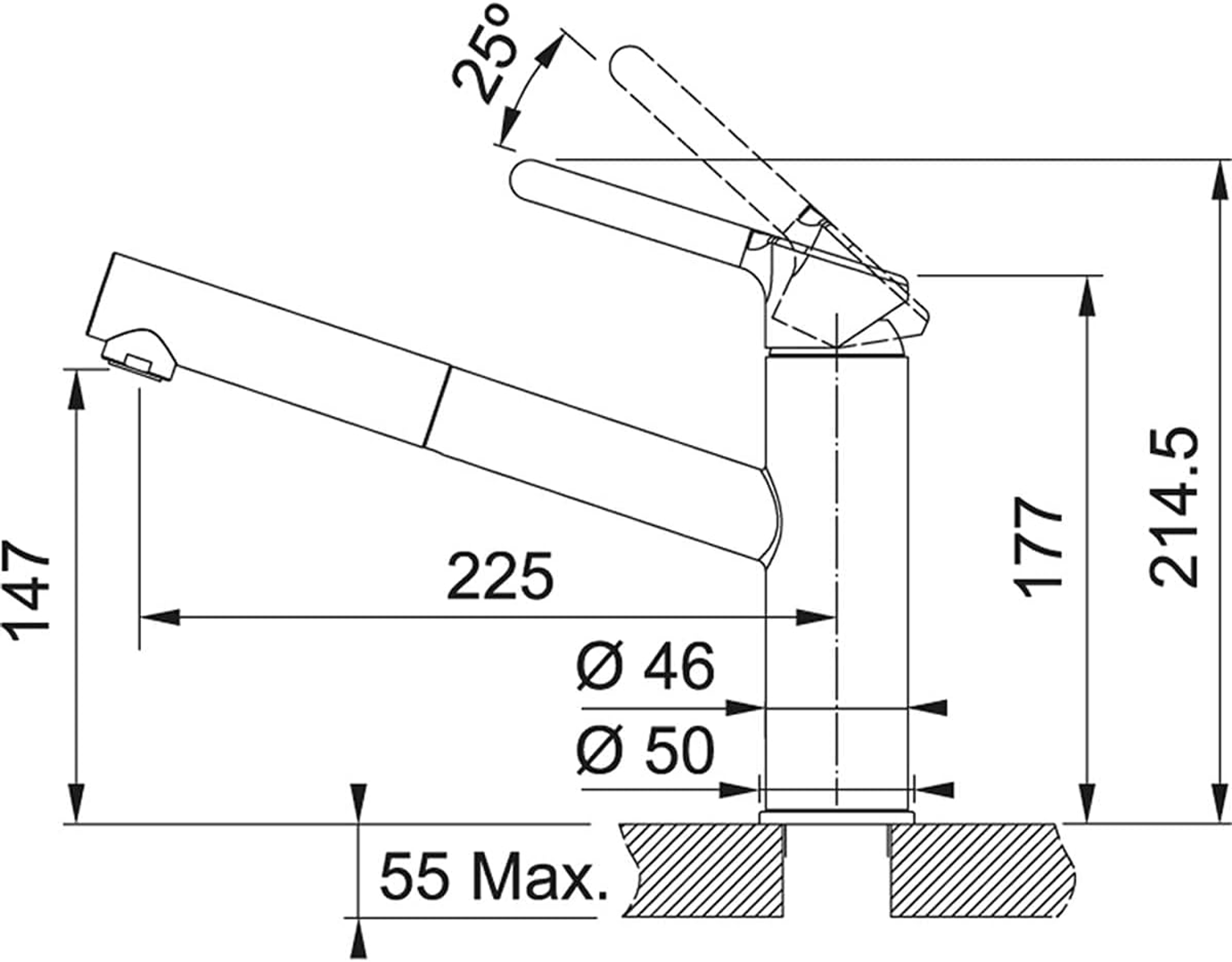 Disegno tecnico di un rubinetto con dimensioni in mm.