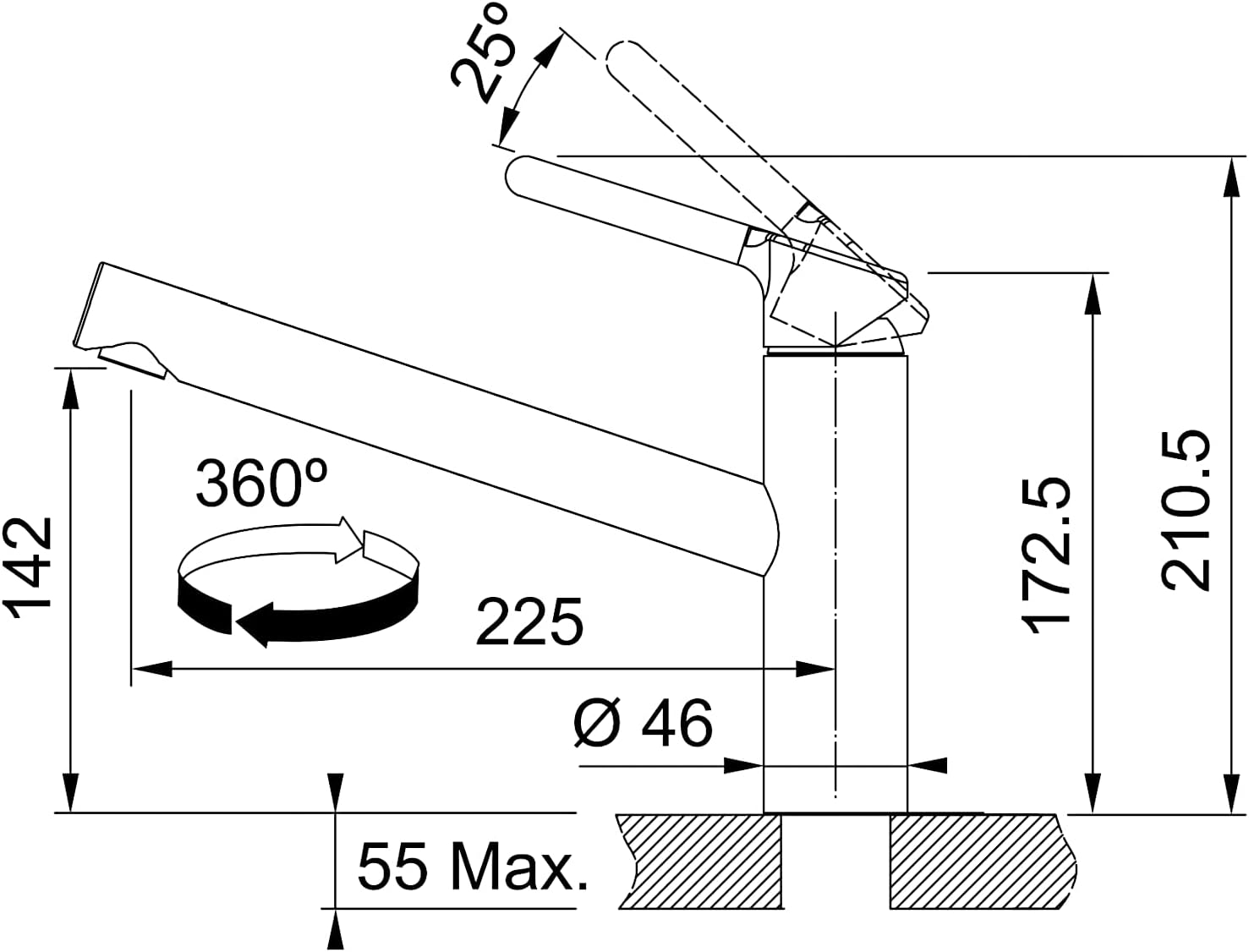 Disegno tecnico di un rubinetto da cucina, con dimensioni e angoli etichettati in nero su sfondo bianco.