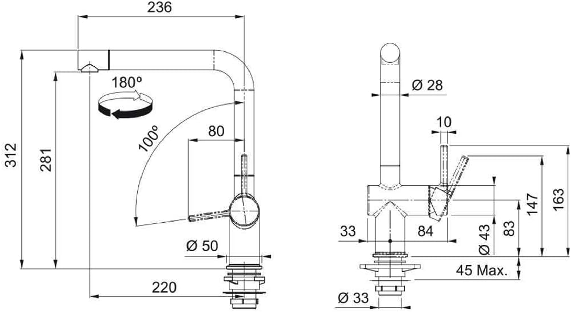 Disegni tecnici di un rubinetto da cucina, che mostrano dimensioni e angoli.
