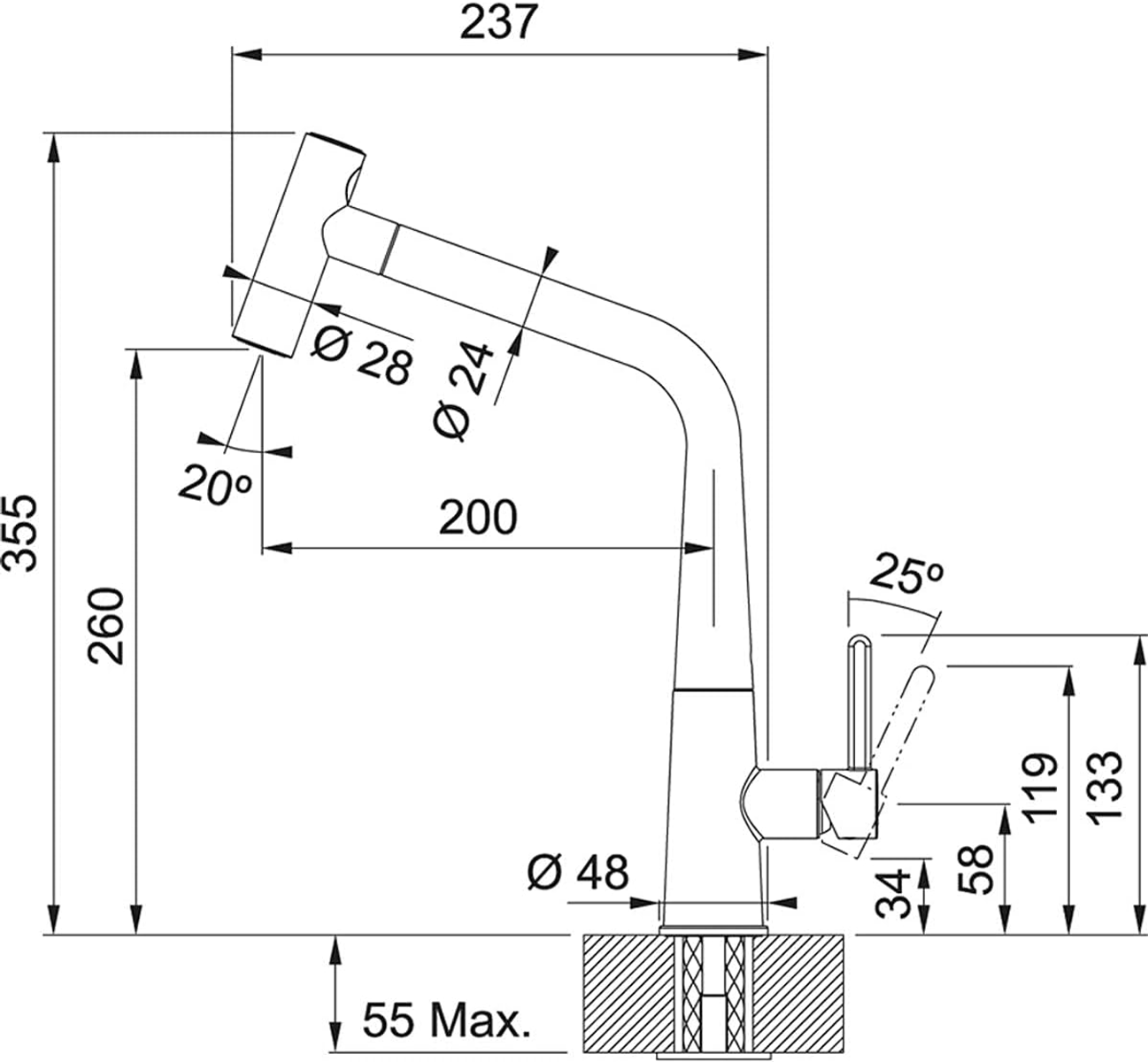 Un disegno tecnico di un rubinetto con misure, su sfondo bianco.
