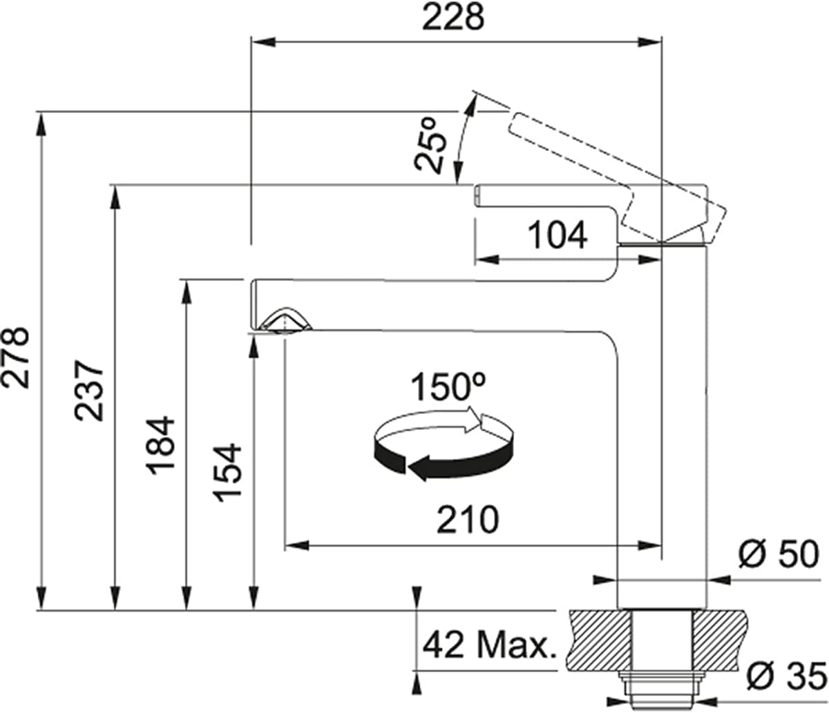 Disegno tecnico di un rubinetto con dimensioni e angoli in mm. Linee nere su sfondo bianco.