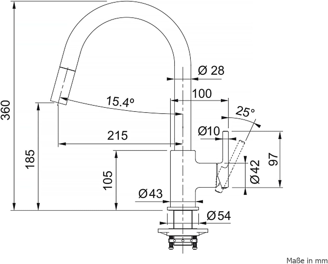 Disegno tecnico di un rubinetto curvo con dimensioni in mm.