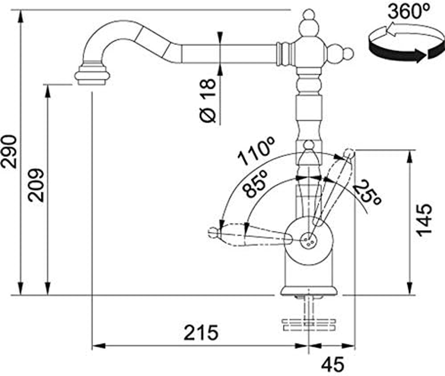 Disegno tecnico di un rubinetto, con dimensioni e angoli. Sfondo bianco.